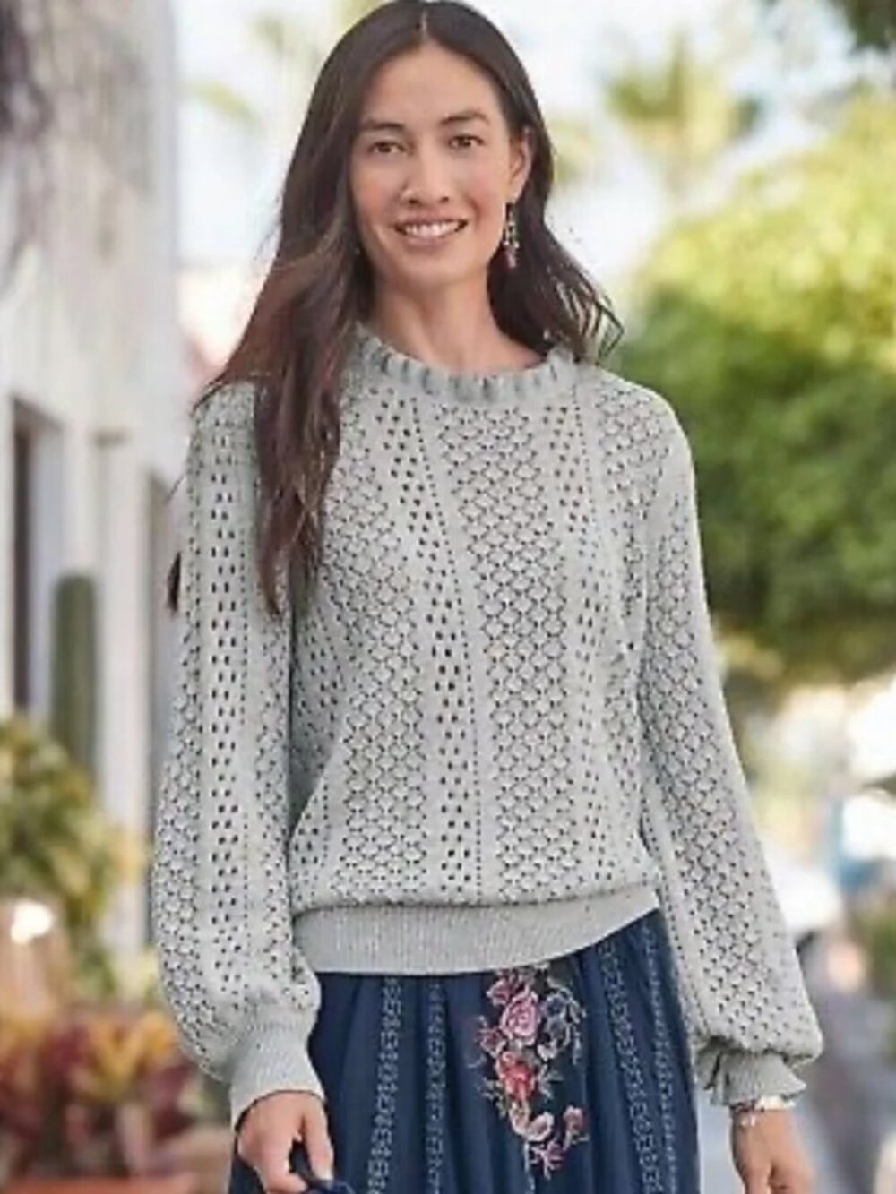 SUNDANCE CATALOG Pointelle, Ruffle Neck, Pullover, Confetti, Sweater, Gray, XS